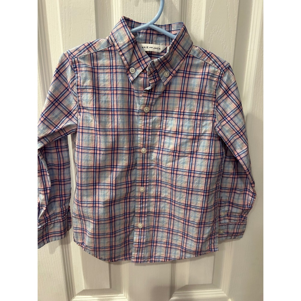 Janie and Jack Boys Blue Orange Plaid Button Down 3 Long Sleeve Cotton‎ k7009